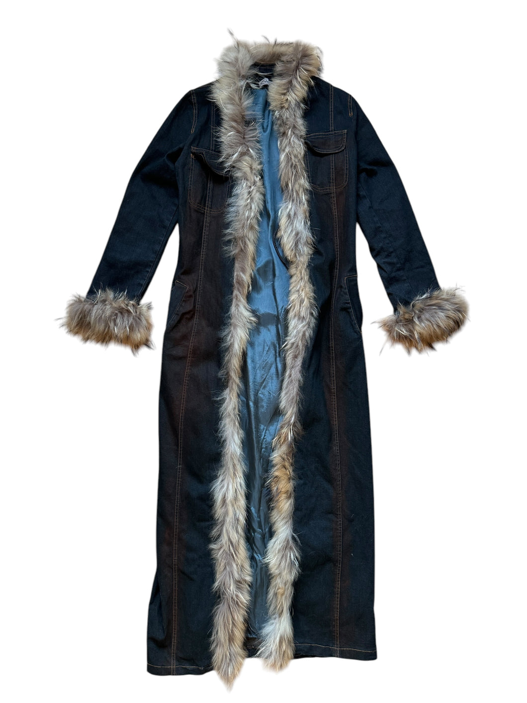 Vintage maxi denim coat with real fur